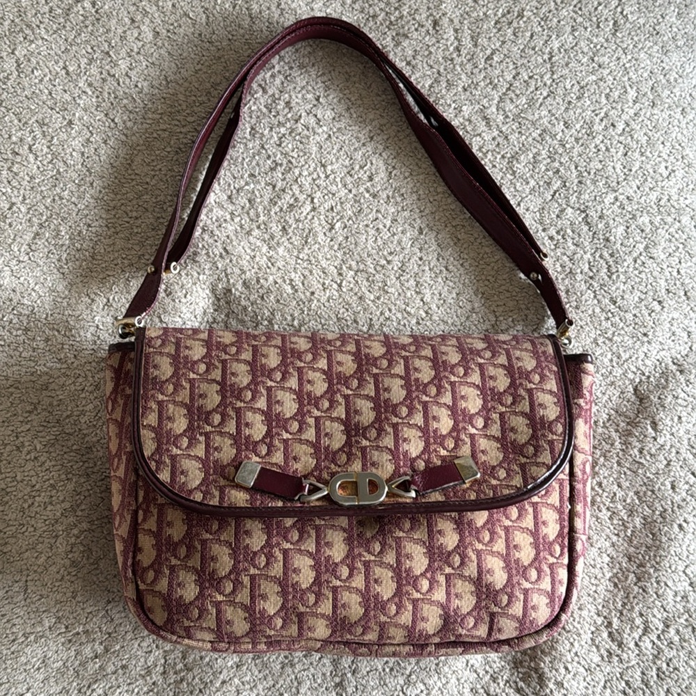 Christian Dior Trotter shoulder bag in a rich burgundy/bordeaux color 1970s era